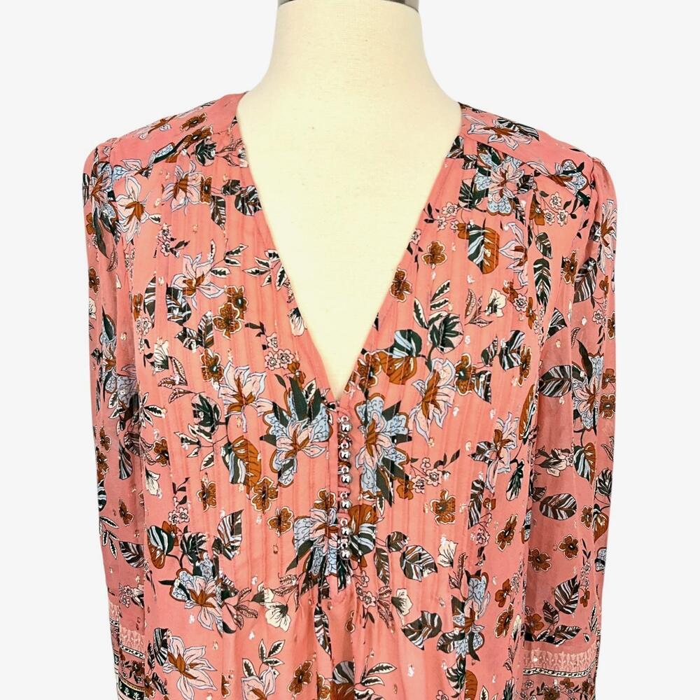 Veronica Beard Blouse Womens 8 Pink Floral Boho V Neck Long Sleeve Tunic Top - Picture 2 of 13